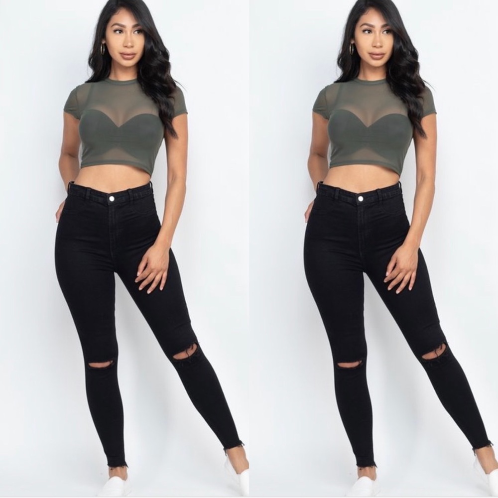 NEW ON TRENDY OLIVE SHORT SLEEVE CROPPED TOP SHEER MESH SHIRT - Picture 2 of 7
